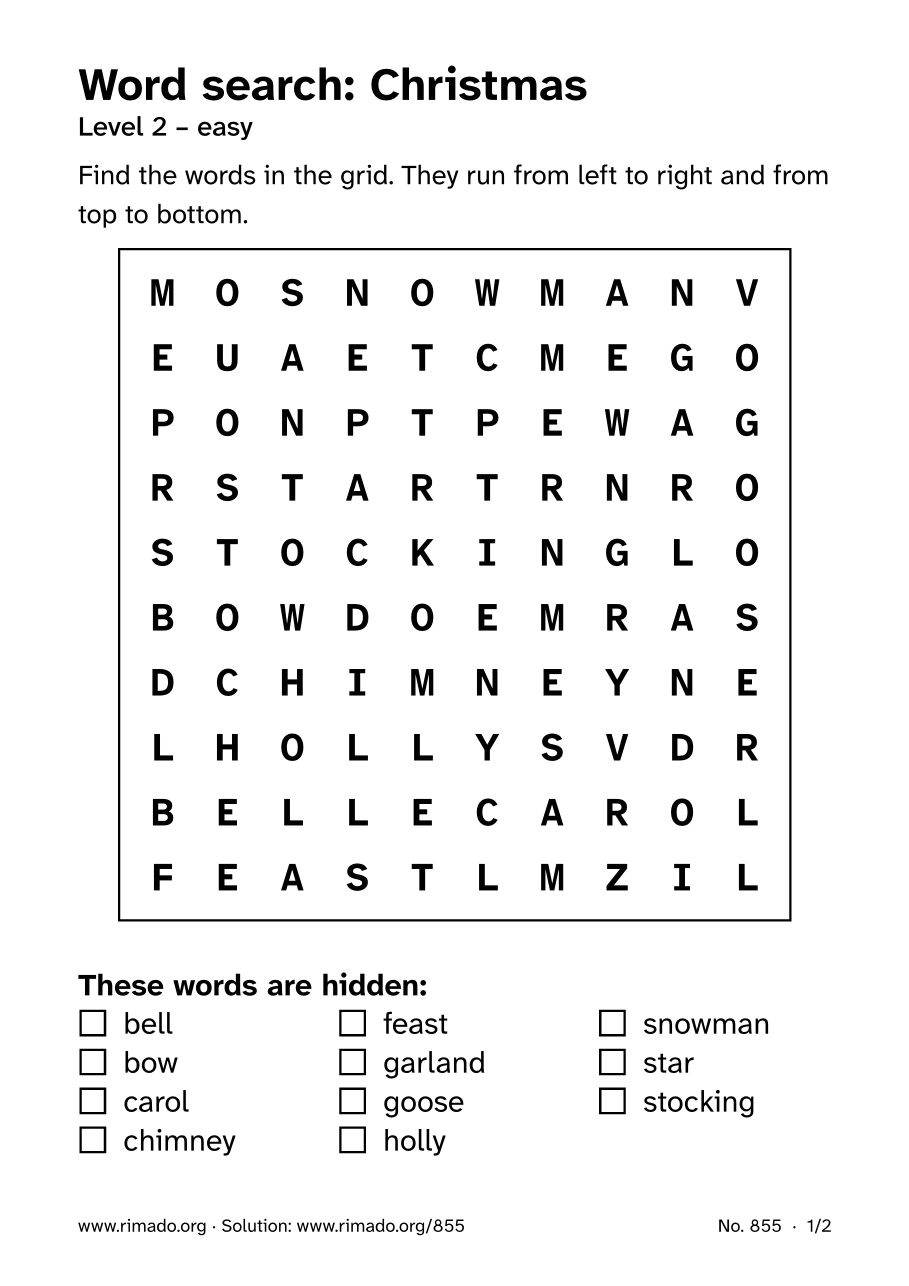 Preview of the printed page: Word search “Christmas”, no. 855