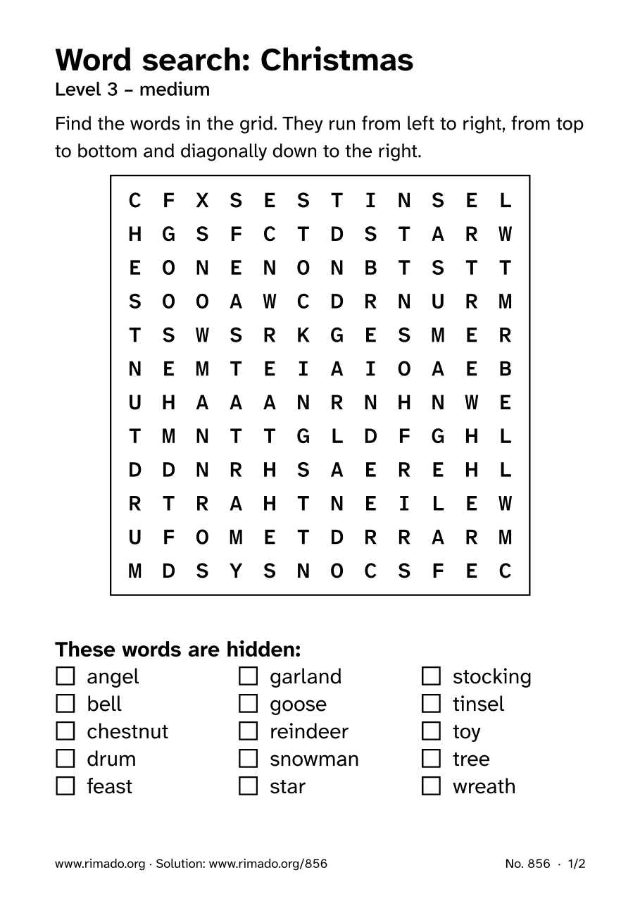 Preview of the printed page: Word search “Christmas”, no. 856