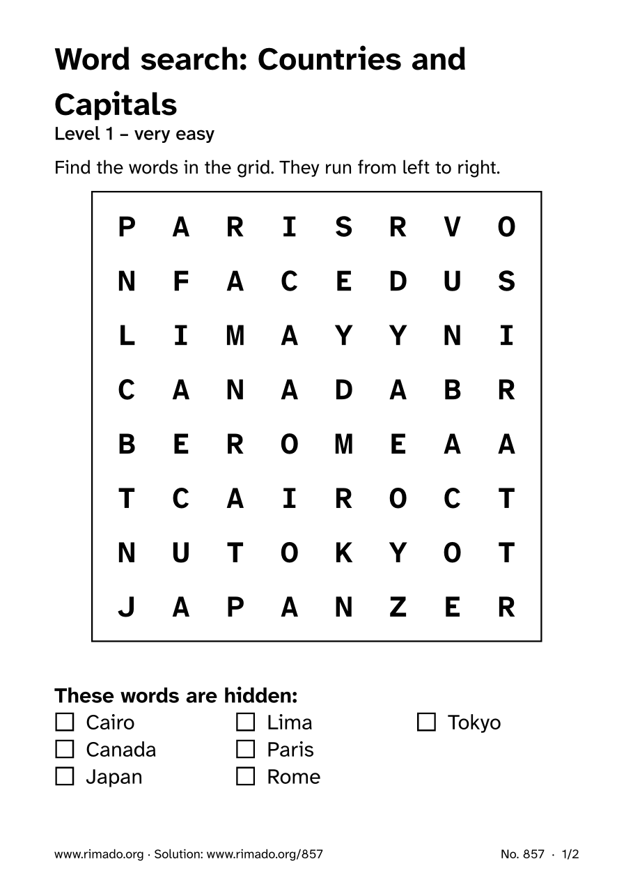 Preview of the printed page: Word search “Countries and Capitals”, no. 857