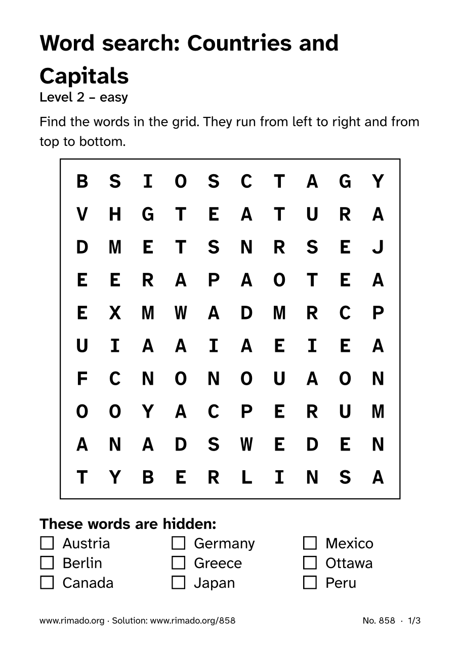 Preview of the printed page: Word search “Countries and Capitals”, no. 858
