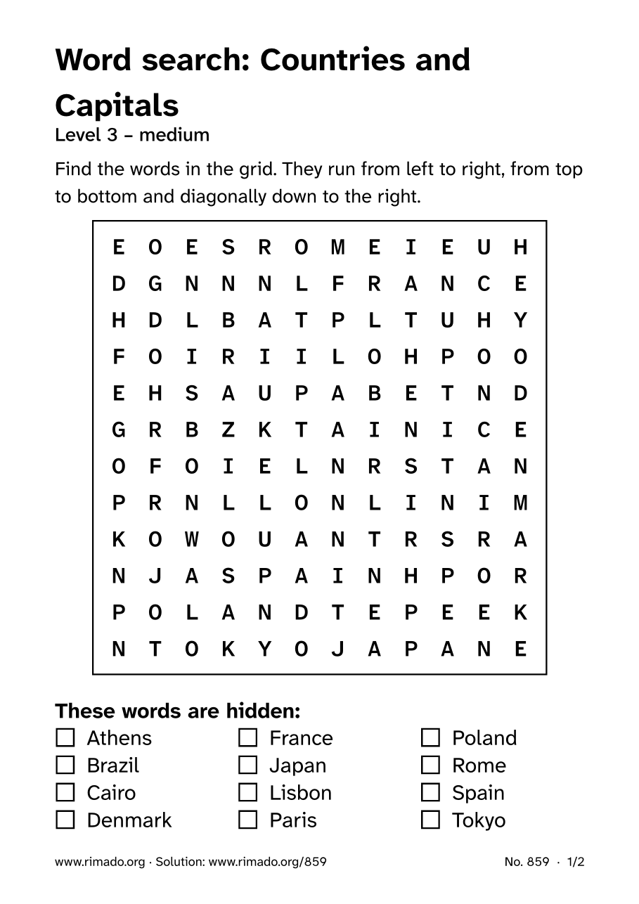Preview of the printed page: Word search “Countries and Capitals”, no. 859