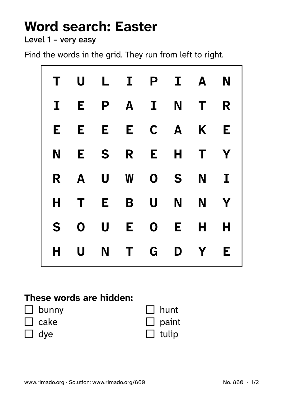 Preview of the printed page: Word search “Easter”, no. 860