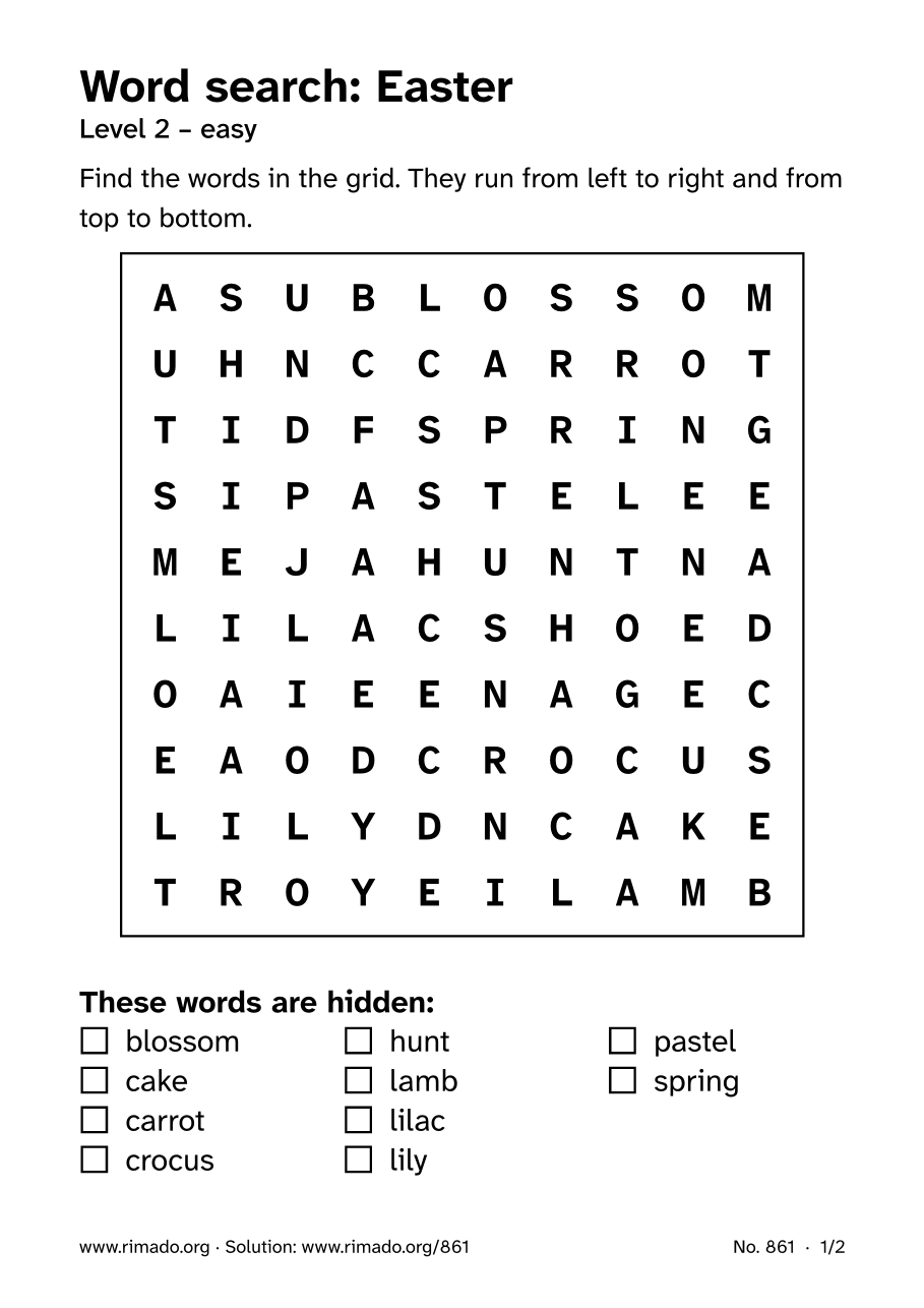 Preview of the printed page: Word search “Easter”, no. 861