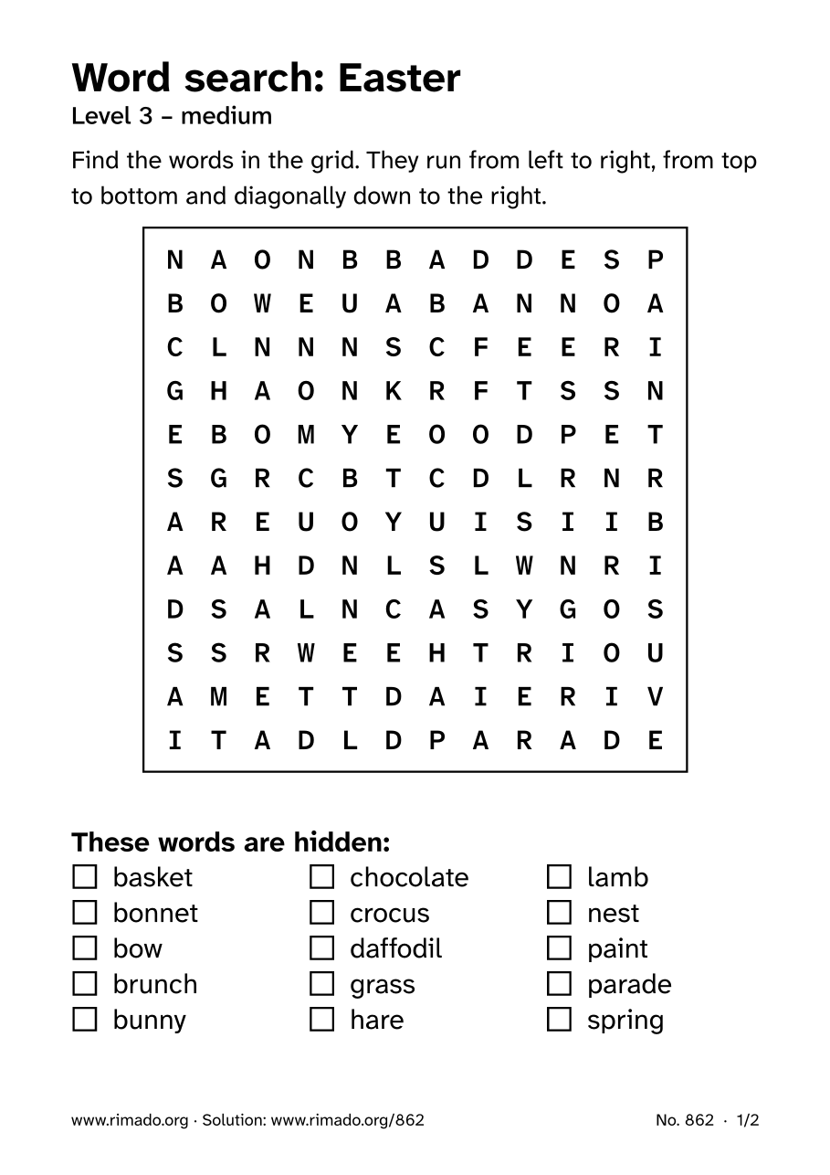 Preview of the printed page: Word search “Easter”, no. 862