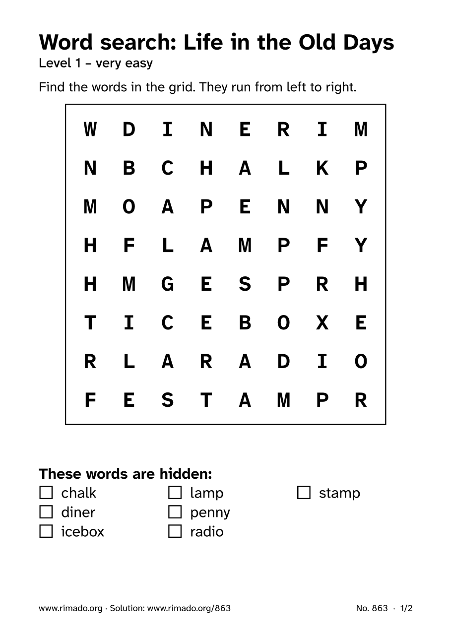 Preview of the printed page: Word search “Life in the Old Days”, no. 863