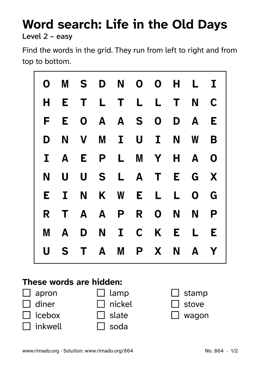 Preview of the printed page: Word search “Life in the Old Days”, no. 864