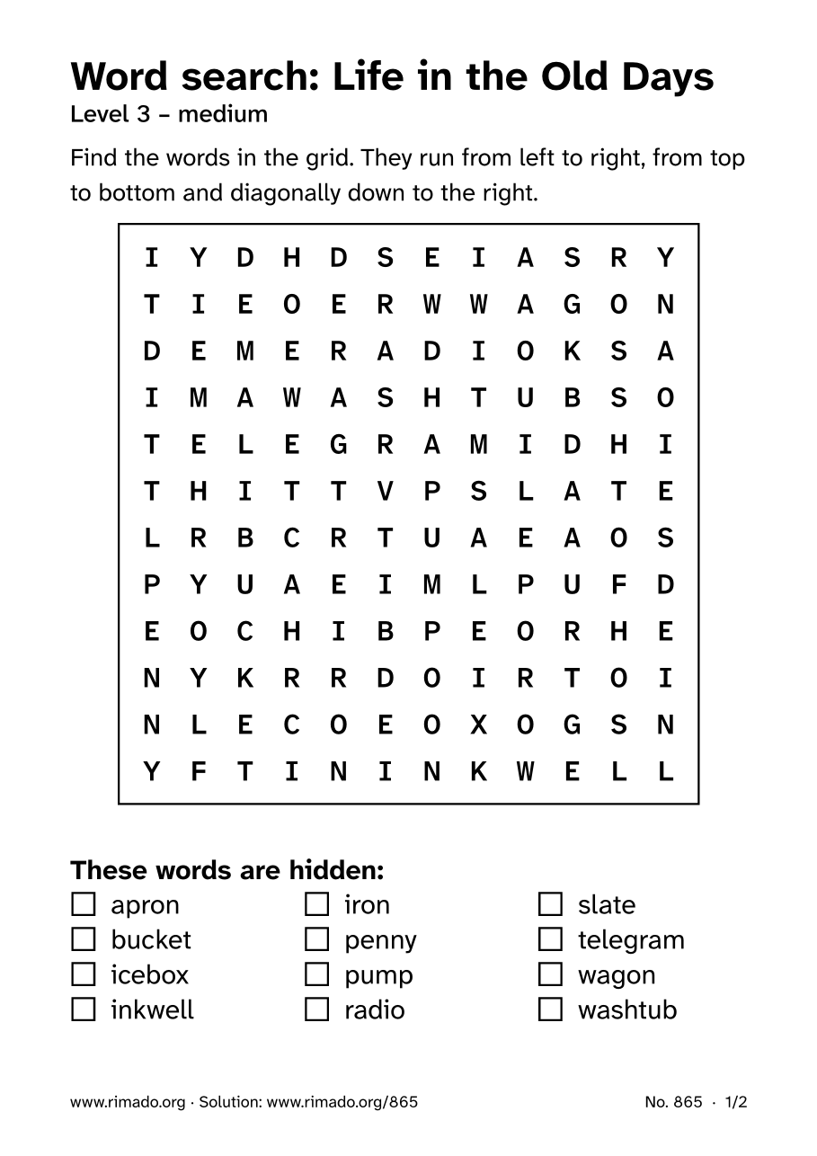 Preview of the printed page: Word search “Life in the Old Days”, no. 865