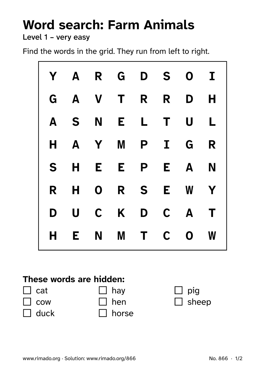 Preview of the printed page: Word search “Farm Animals”, no. 866