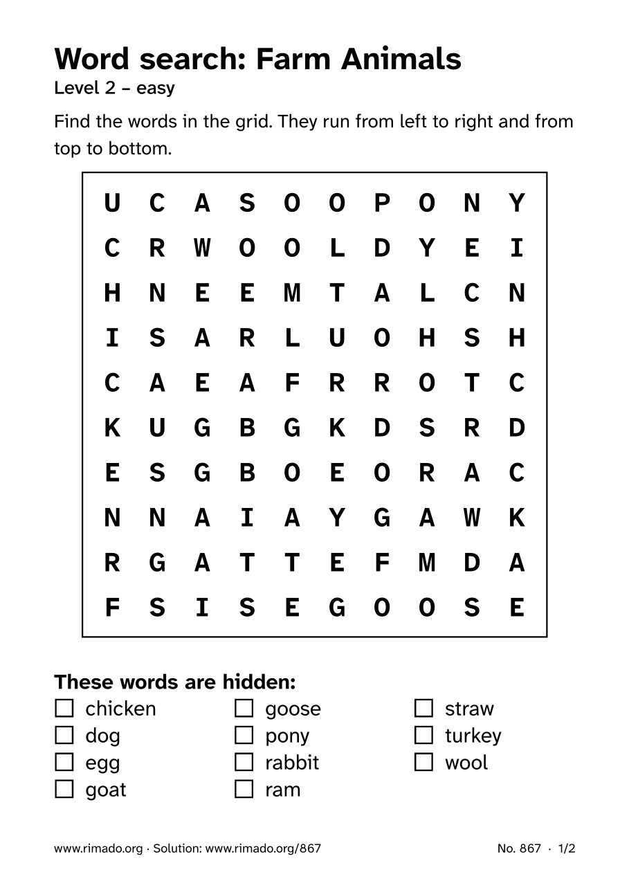 Preview of the printed page: Word search “Farm Animals”, no. 867