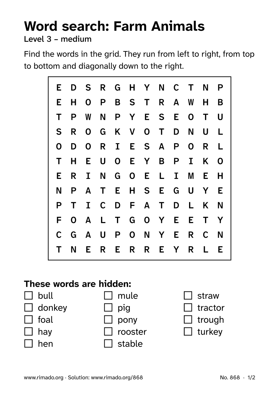 Preview of the printed page: Word search “Farm Animals”, no. 868