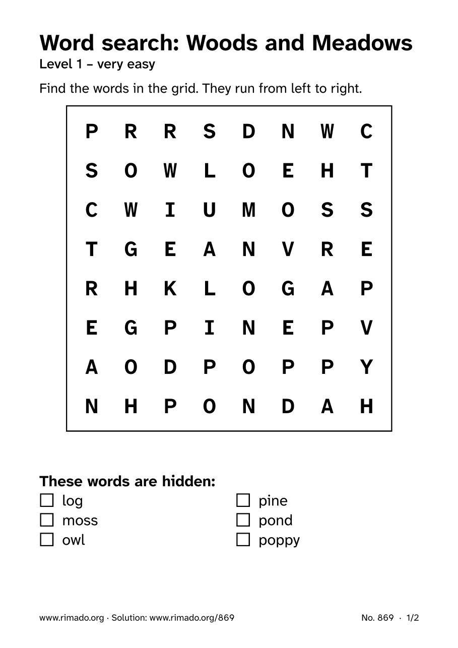 Preview of the printed page: Word search “Woods and Meadows”, no. 869