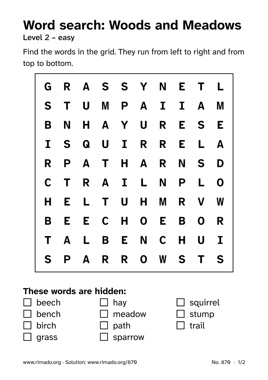 Preview of the printed page: Word search “Woods and Meadows”, no. 870