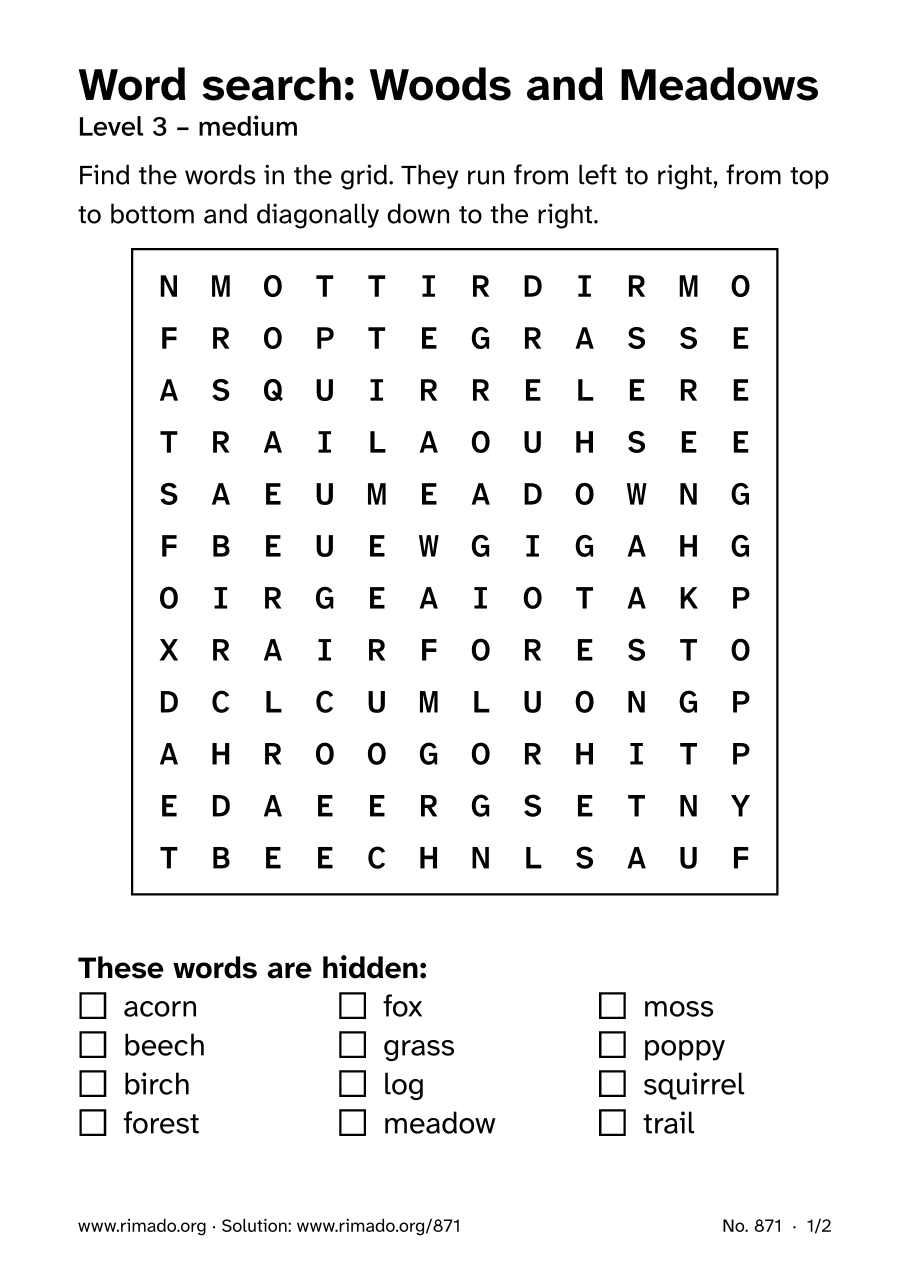 Preview of the printed page: Word search “Woods and Meadows”, no. 871