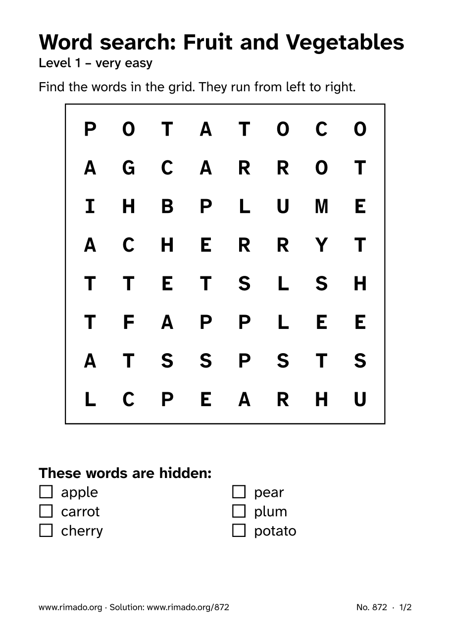 Preview of the printed page: Word search “Fruit and Vegetables”, no. 872