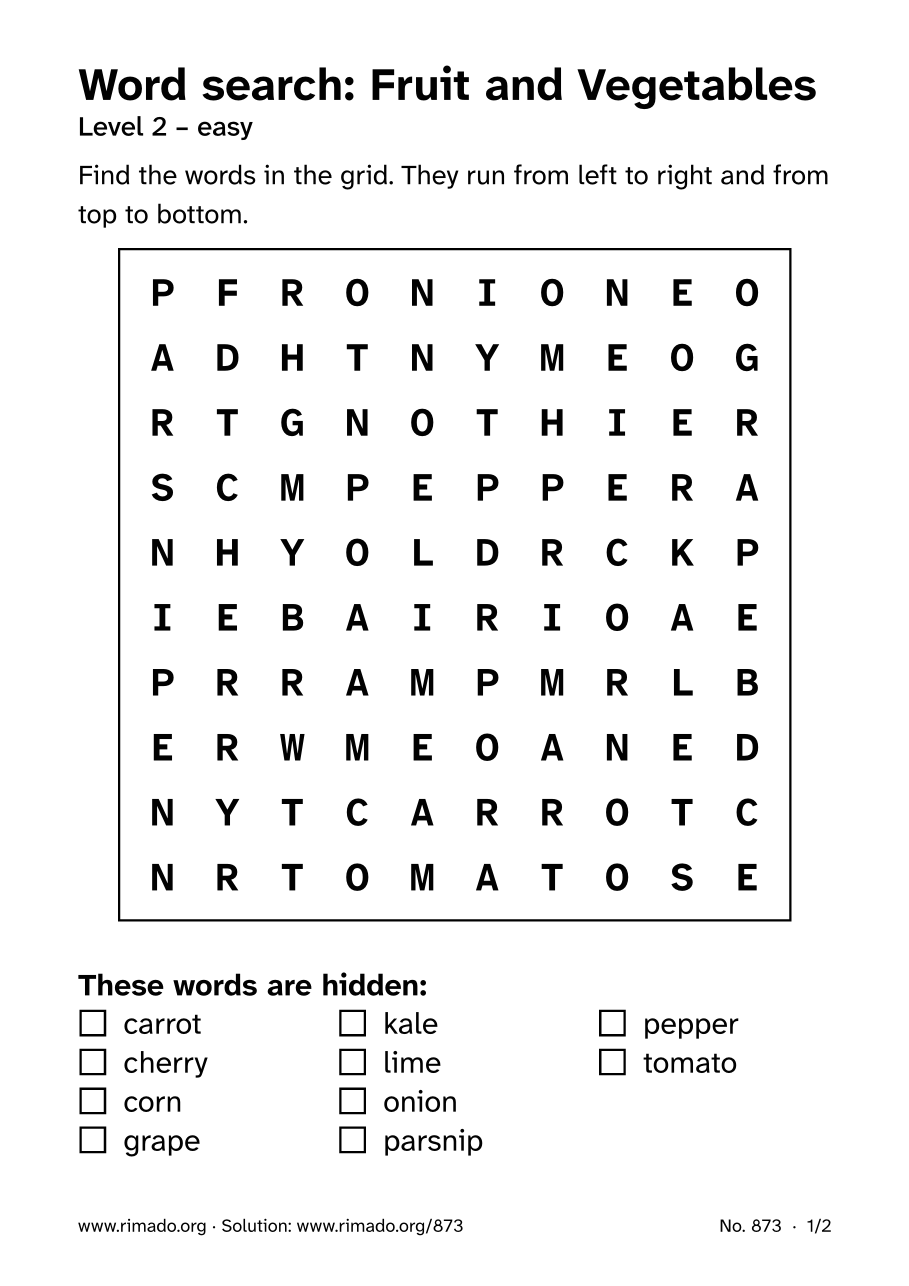 Preview of the printed page: Word search “Fruit and Vegetables”, no. 873