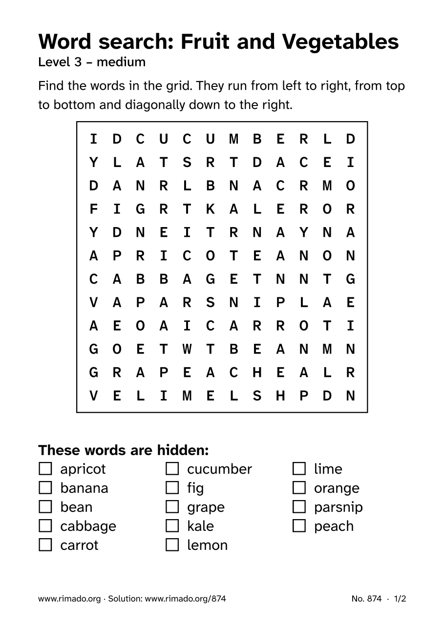 Preview of the printed page: Word search “Fruit and Vegetables”, no. 874