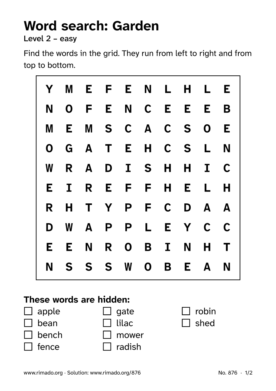 Preview of the printed page: Word search “Garden”, no. 876