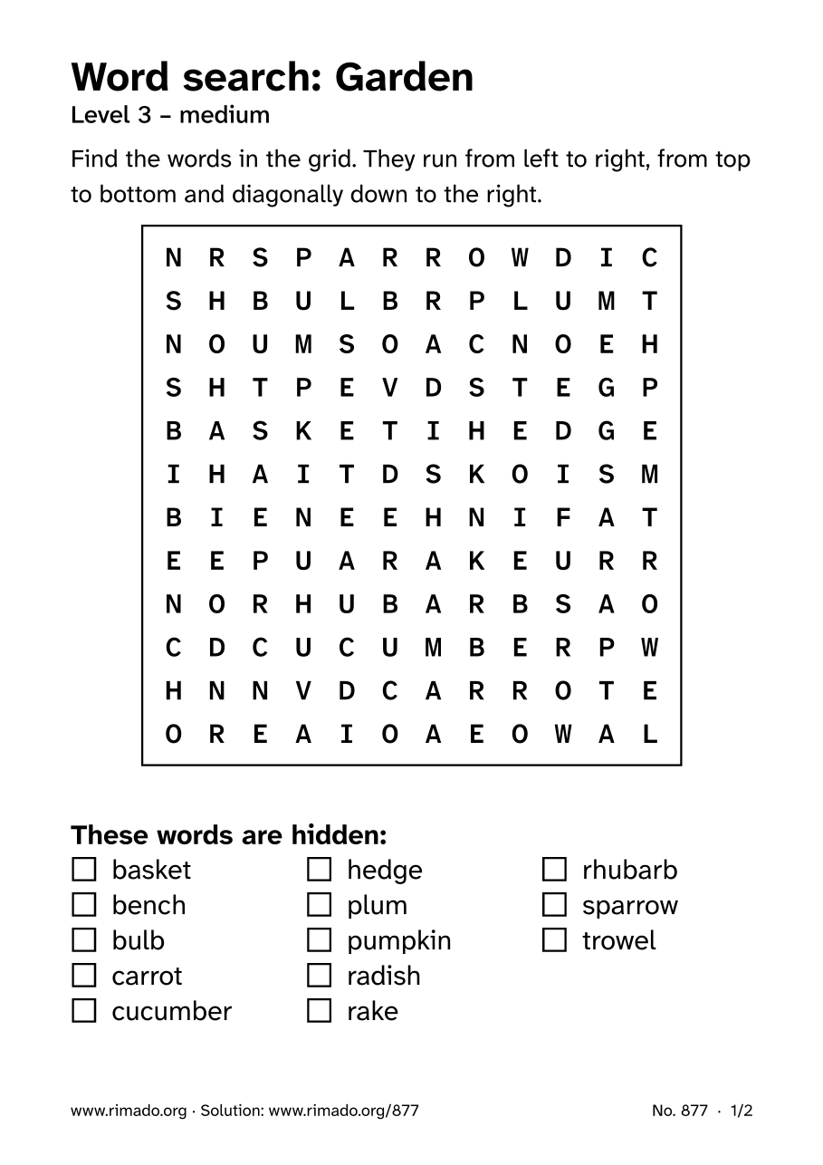 Preview of the printed page: Word search “Garden”, no. 877