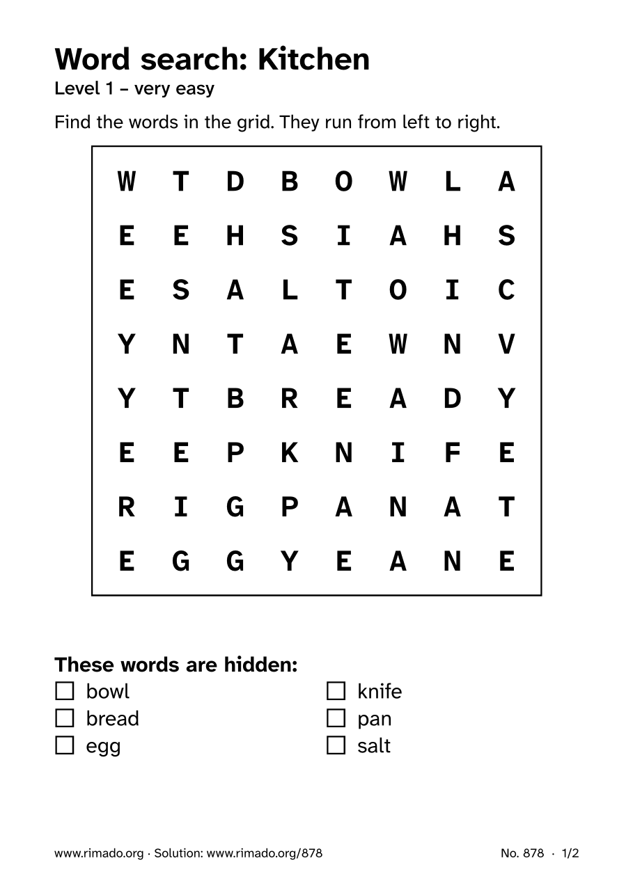 Preview of the printed page: Word search “Kitchen”, no. 878