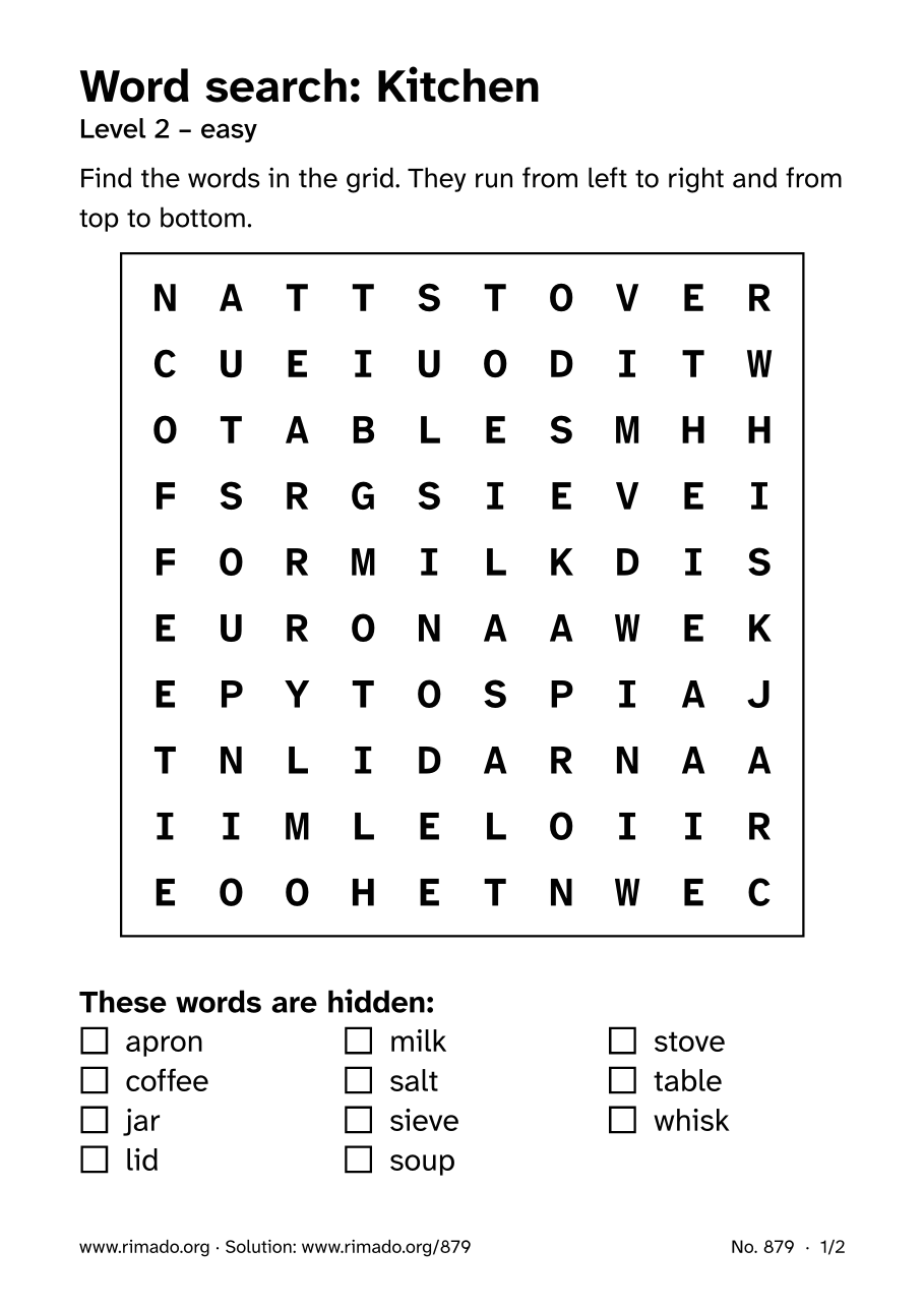 Preview of the printed page: Word search “Kitchen”, no. 879