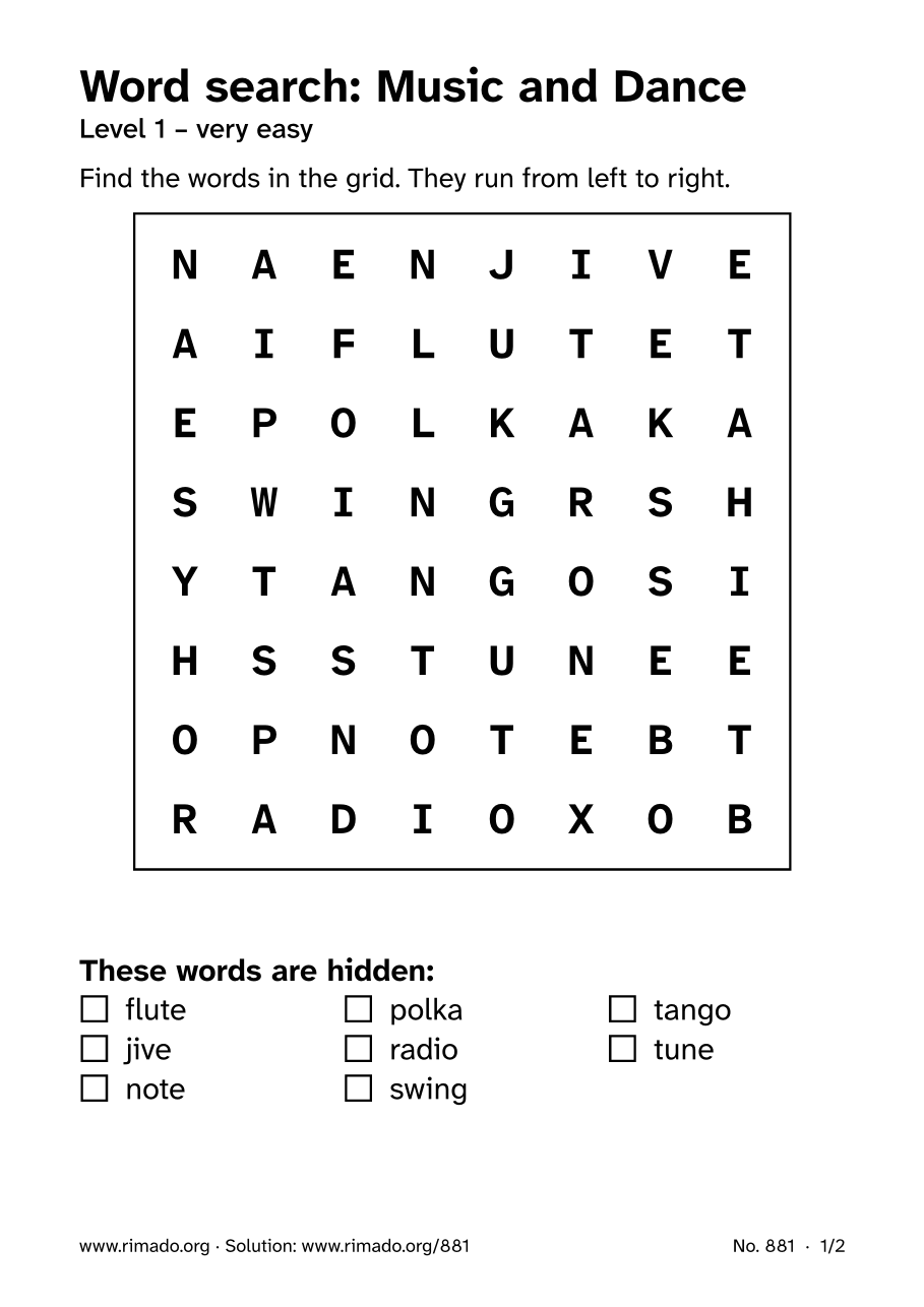 Preview of the printed page: Word search “Music and Dance”, no. 881