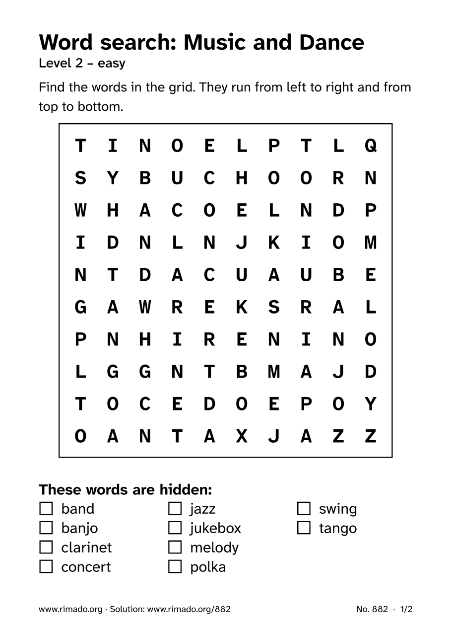 Preview of the printed page: Word search “Music and Dance”, no. 882