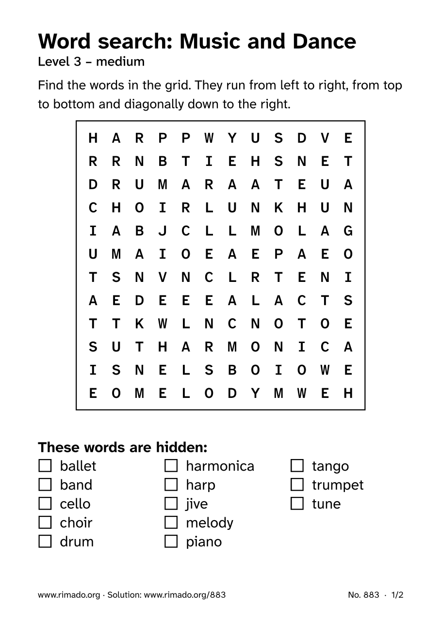 Preview of the printed page: Word search “Music and Dance”, no. 883