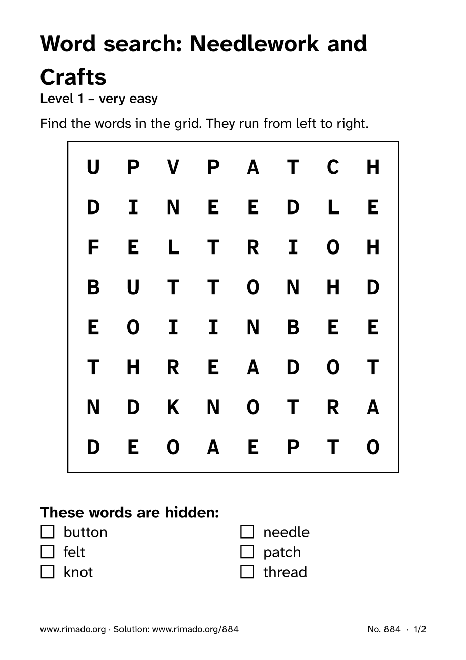Preview of the printed page: Word search “Needlework and Crafts”, no. 884