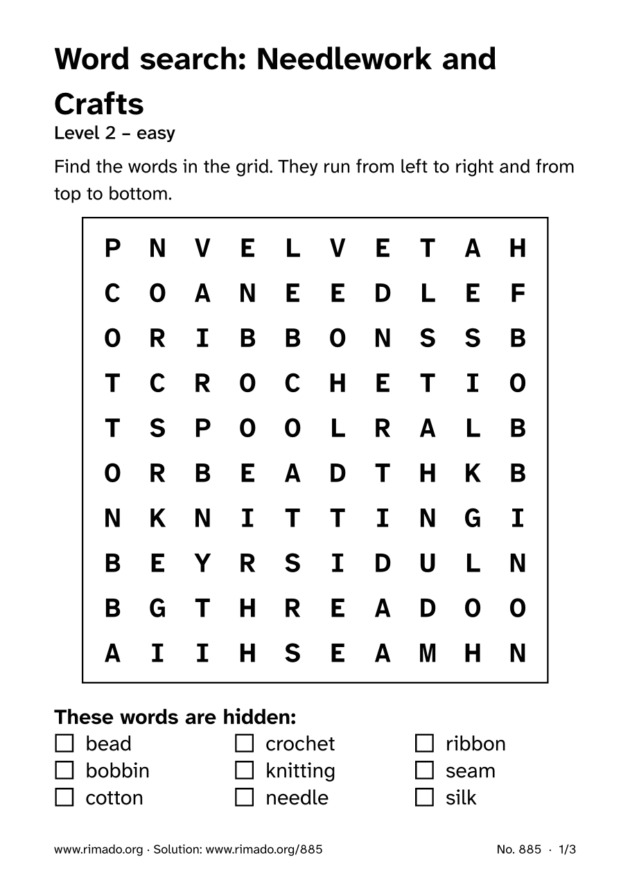 Preview of the printed page: Word search “Needlework and Crafts”, no. 885