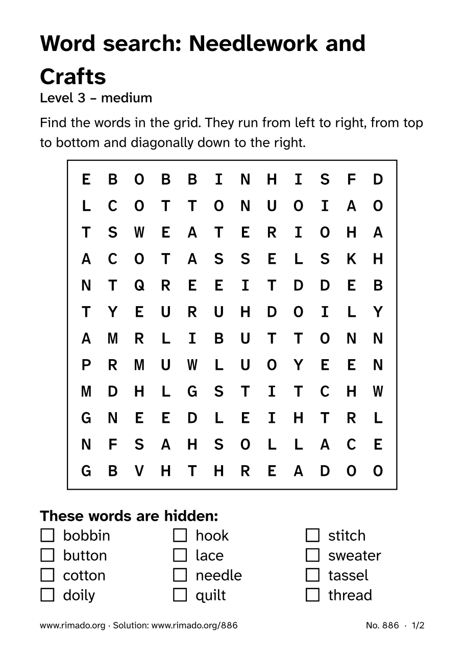 Preview of the printed page: Word search “Needlework and Crafts”, no. 886