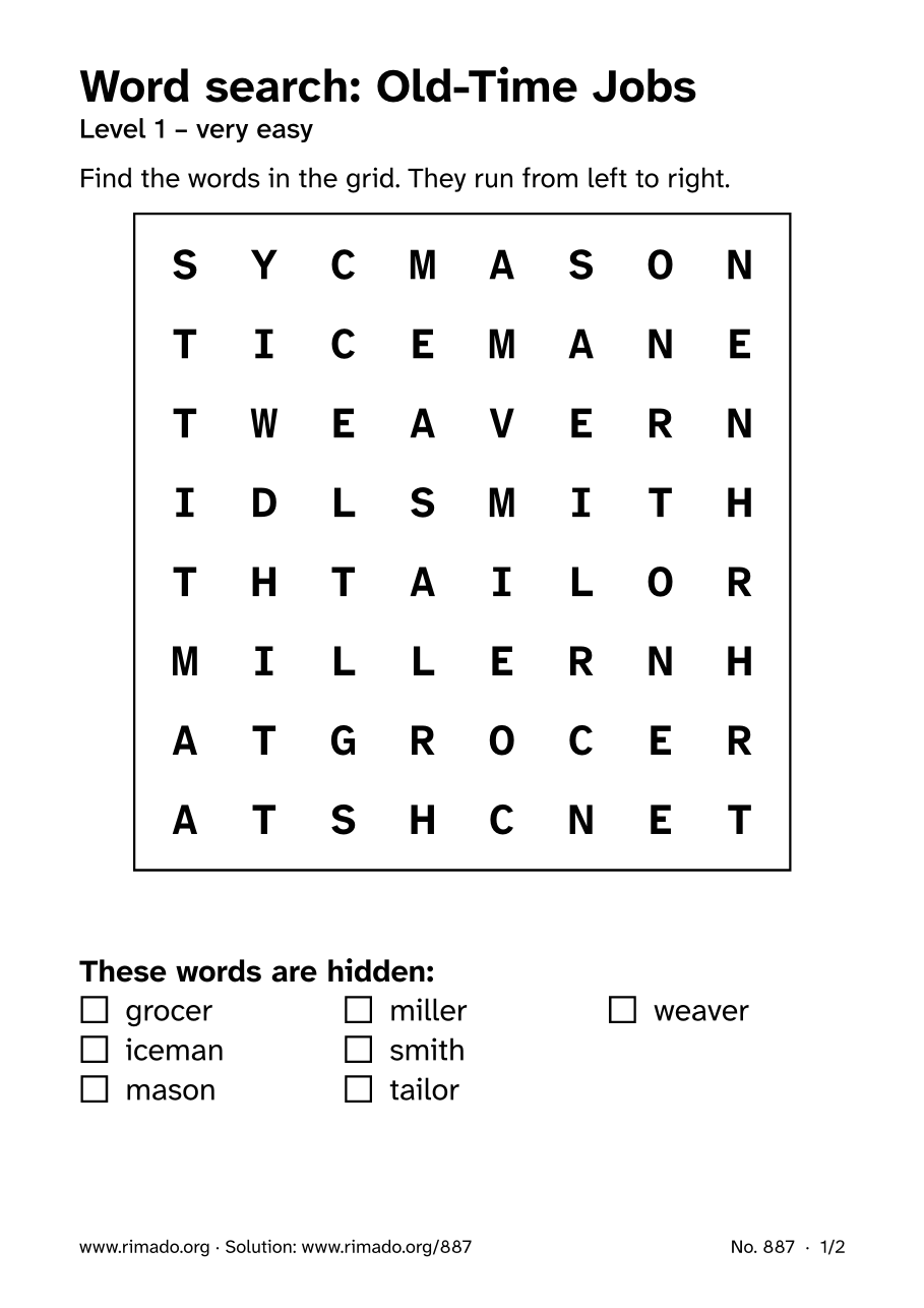 Preview of the printed page: Word search “Old-Time Jobs”, no. 887