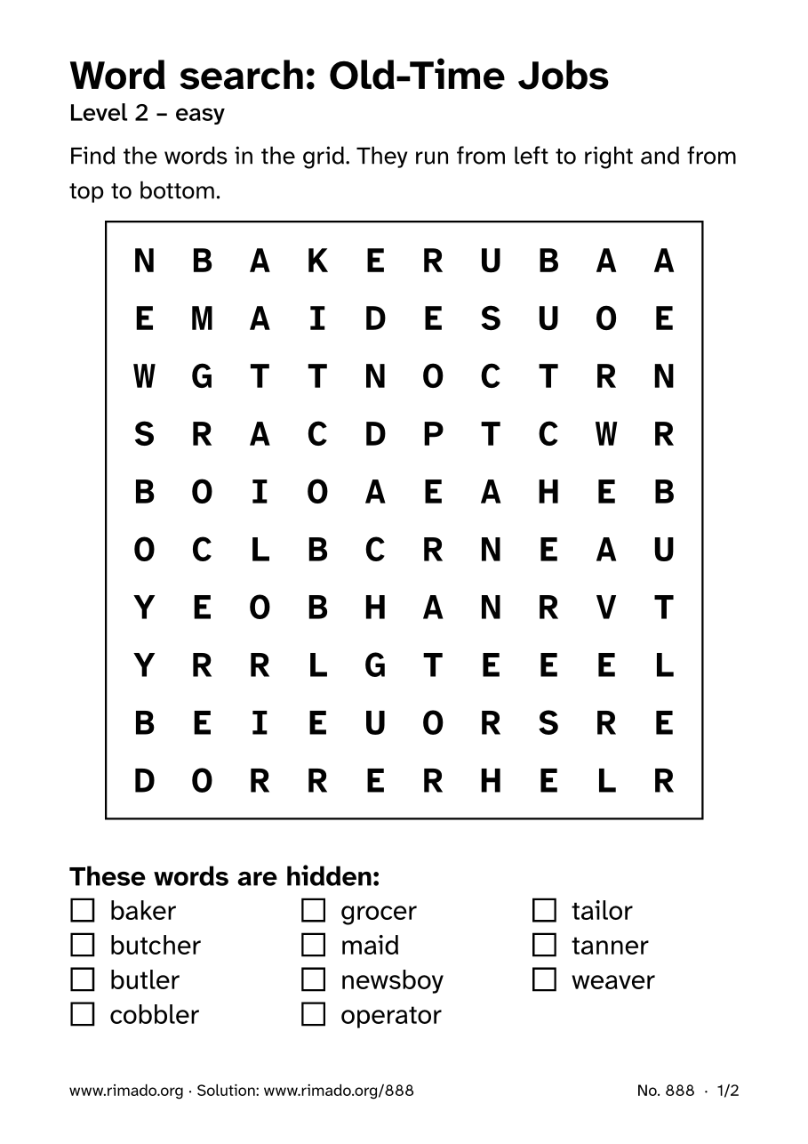 Preview of the printed page: Word search “Old-Time Jobs”, no. 888