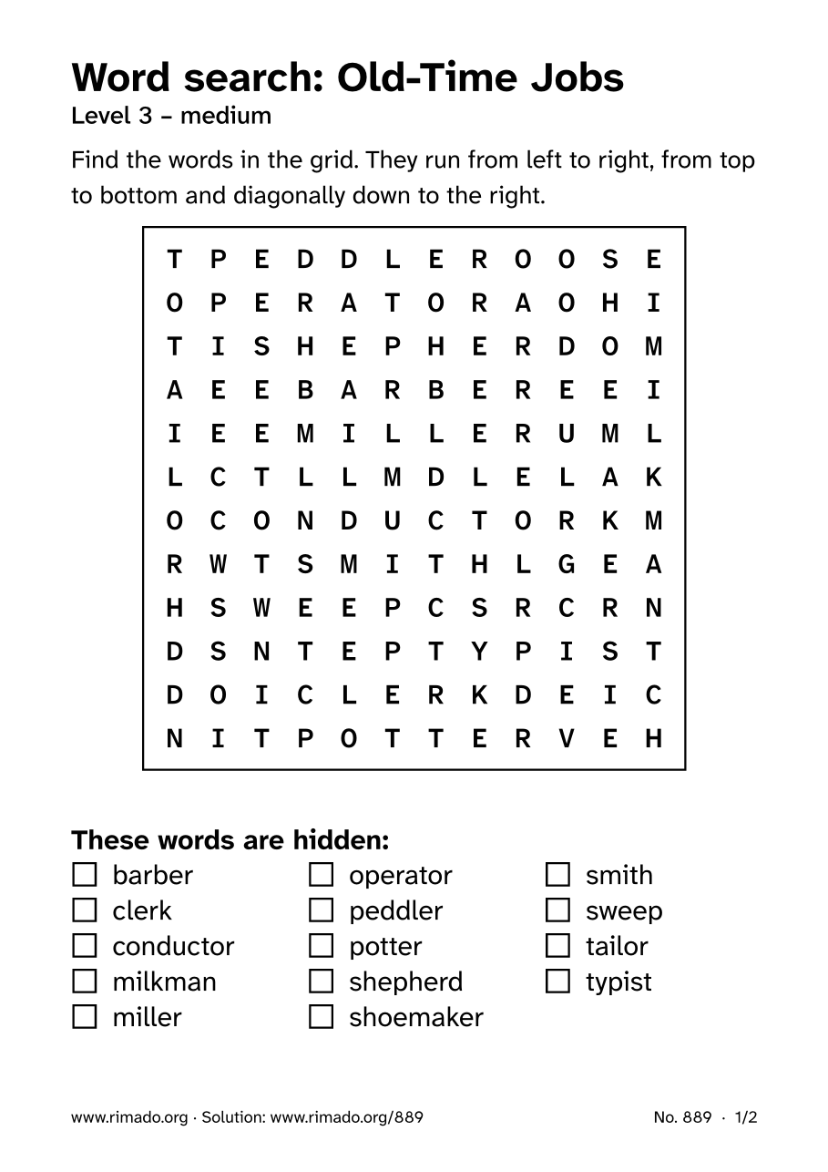 Preview of the printed page: Word search “Old-Time Jobs”, no. 889