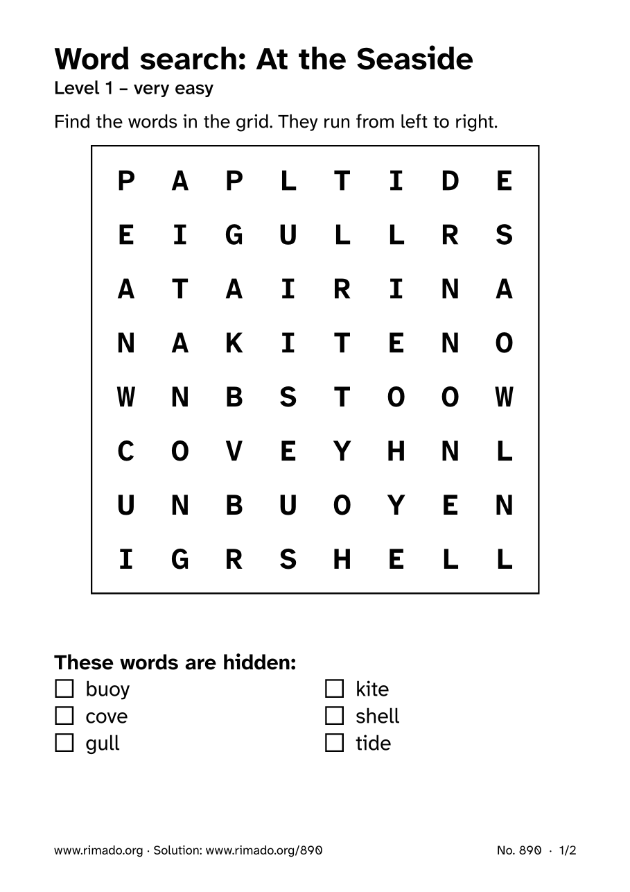 Preview of the printed page: Word search “At the Seaside”, no. 890