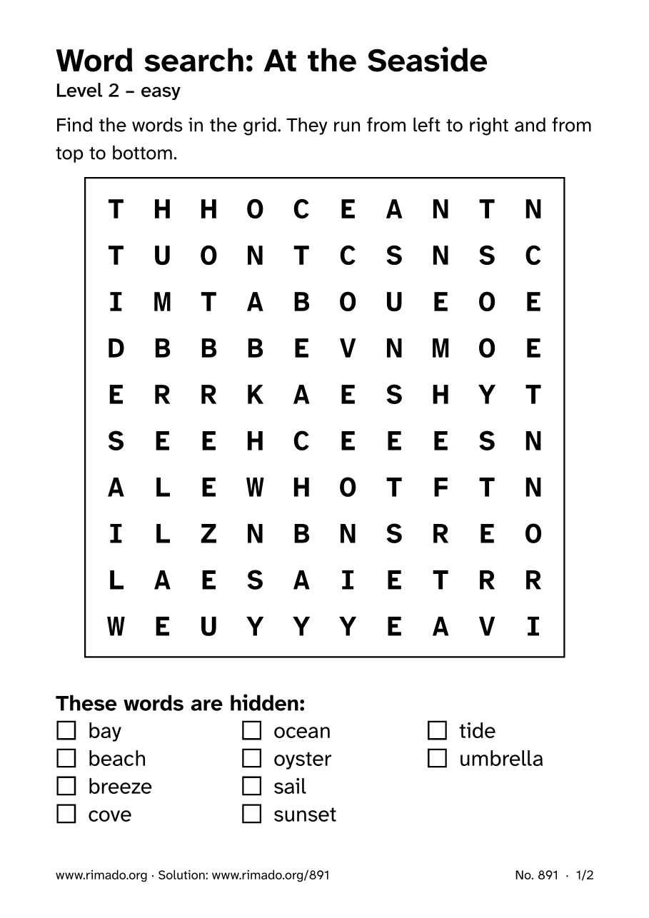 Preview of the printed page: Word search “At the Seaside”, no. 891