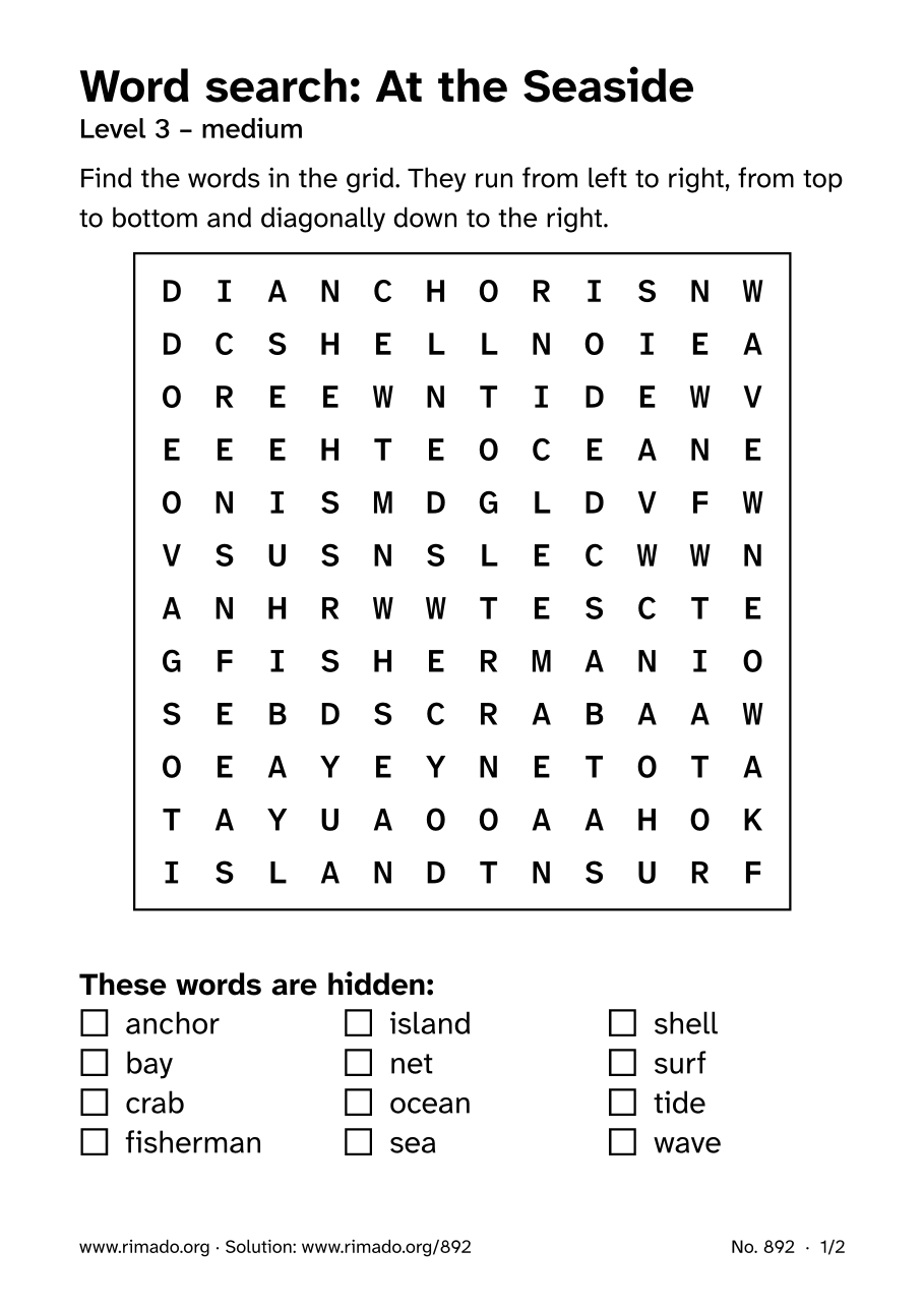 Preview of the printed page: Word search “At the Seaside”, no. 892