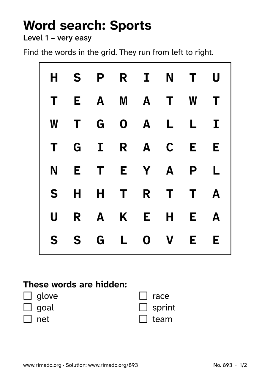 Preview of the printed page: Word search “Sports”, no. 893