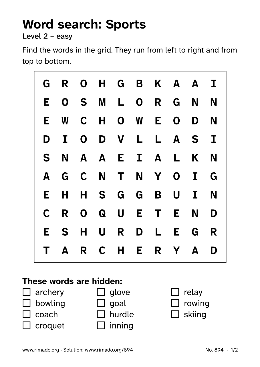 Preview of the printed page: Word search “Sports”, no. 894