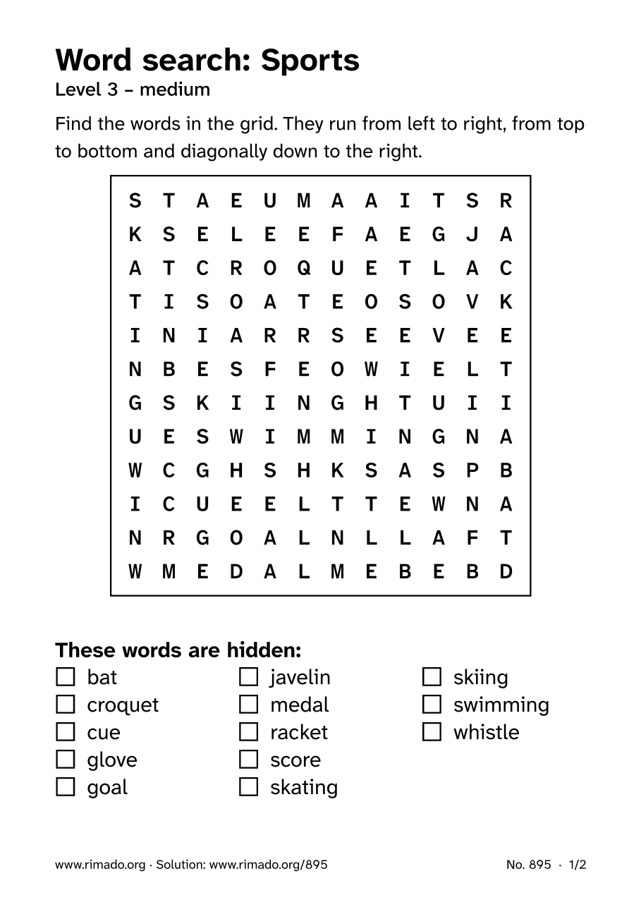 Preview of the printed page: Word search “Sports”, no. 895