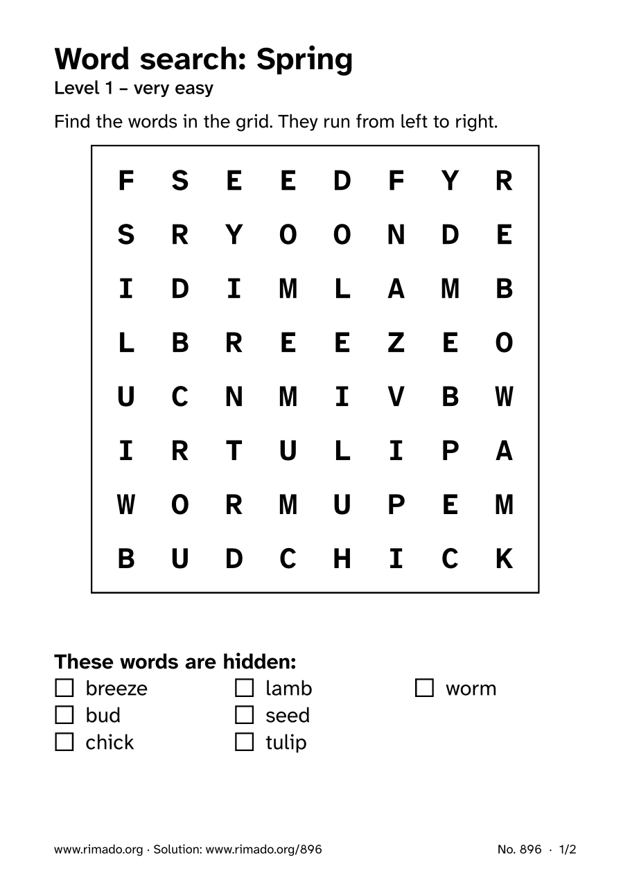 Preview of the printed page: Word search “Spring”, no. 896