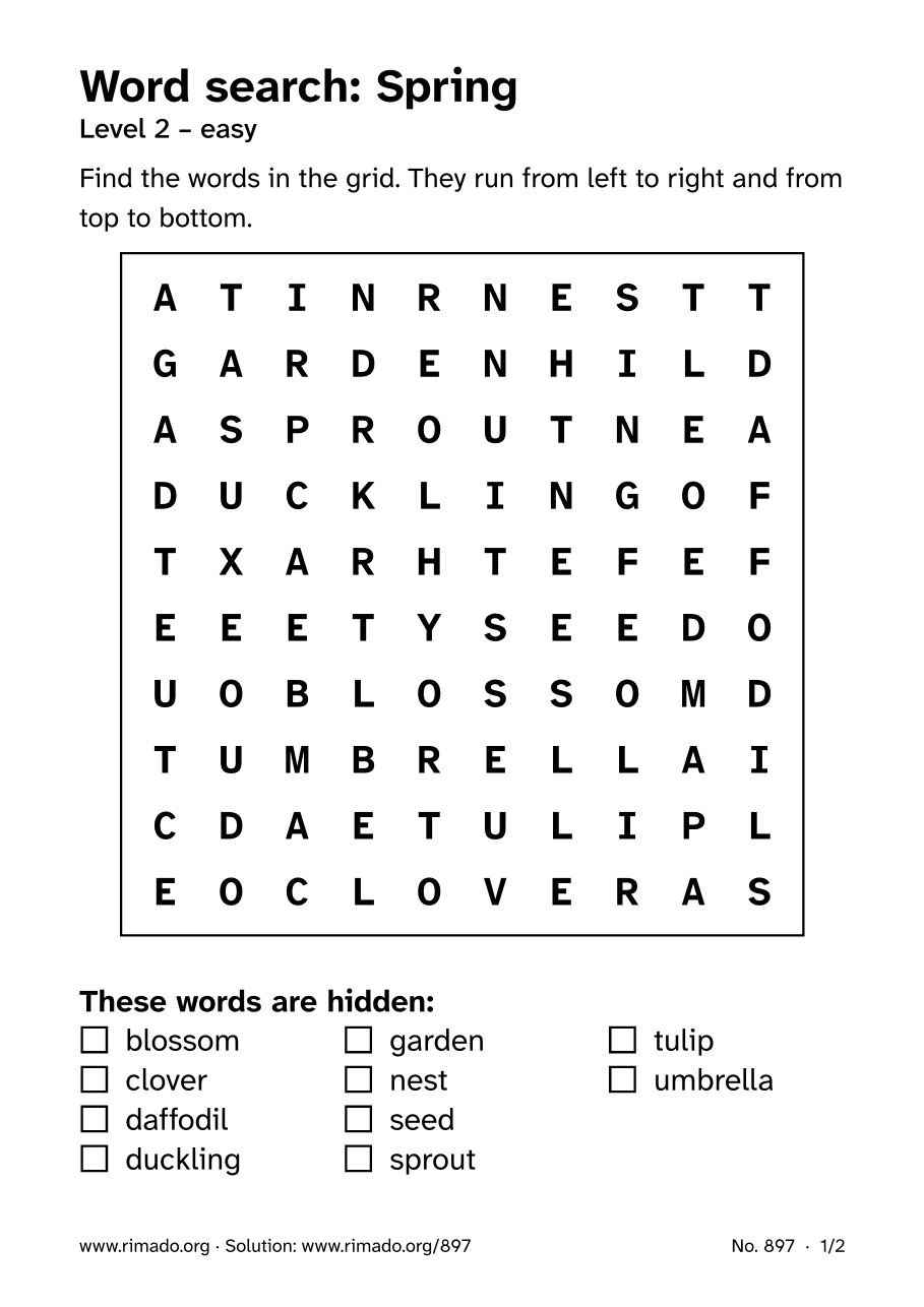 Preview of the printed page: Word search “Spring”, no. 897