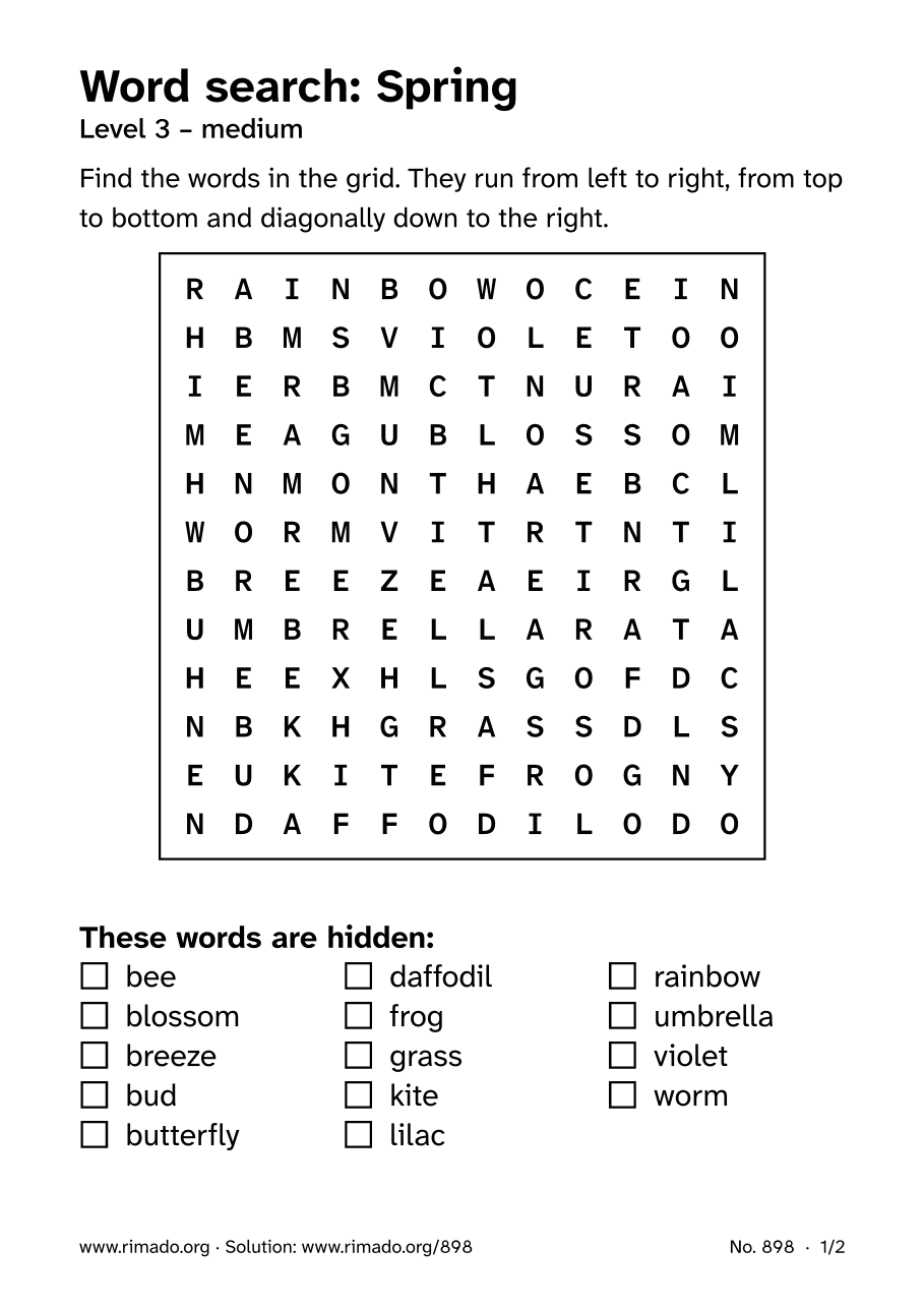 Preview of the printed page: Word search “Spring”, no. 898