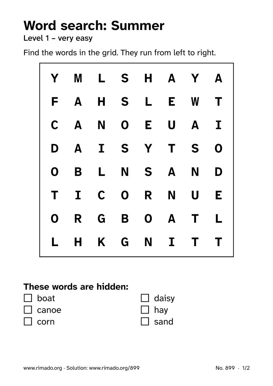 Preview of the printed page: Word search “Summer”, no. 899