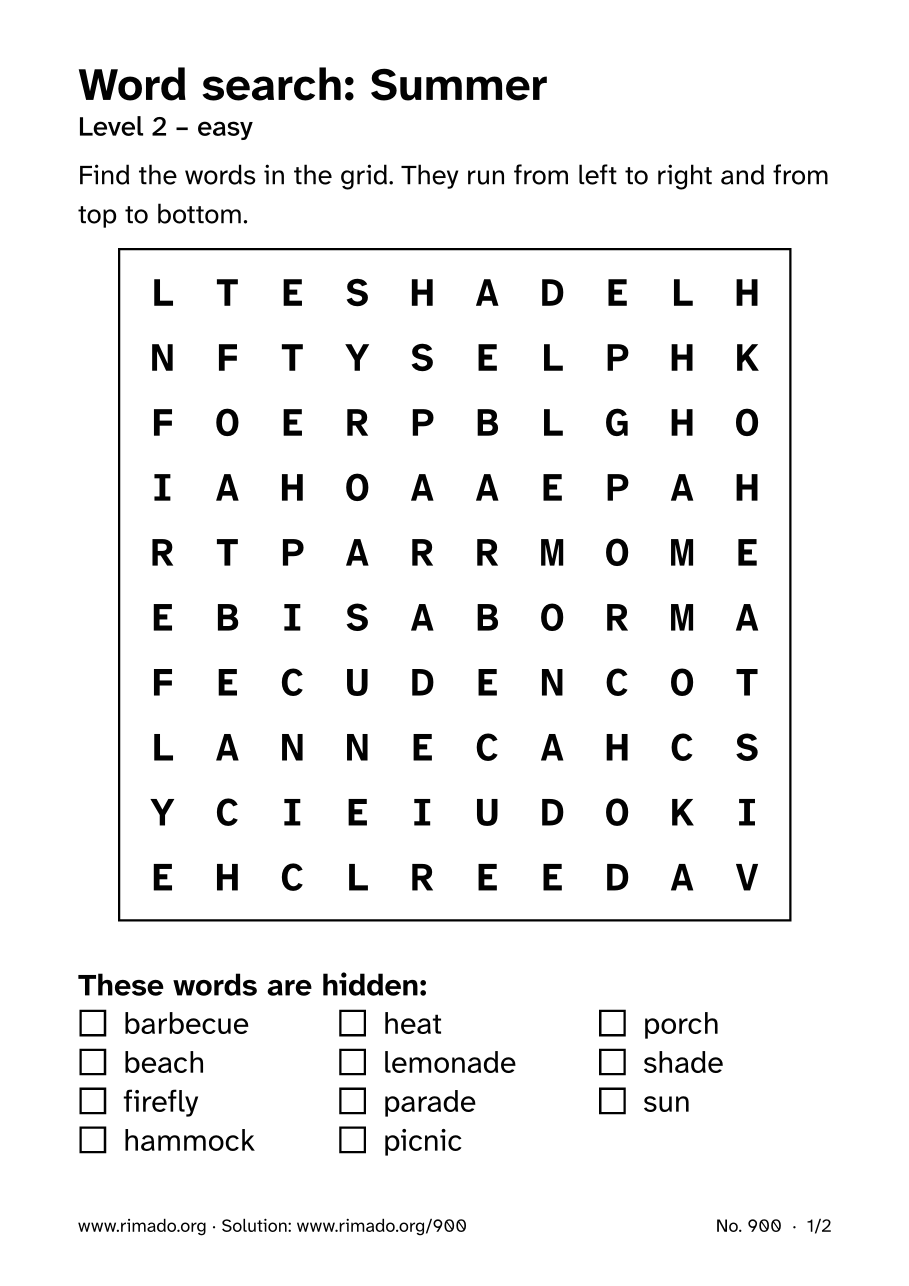 Preview of the printed page: Word search “Summer”, no. 900