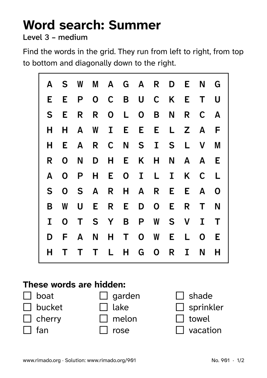Preview of the printed page: Word search “Summer”, no. 901