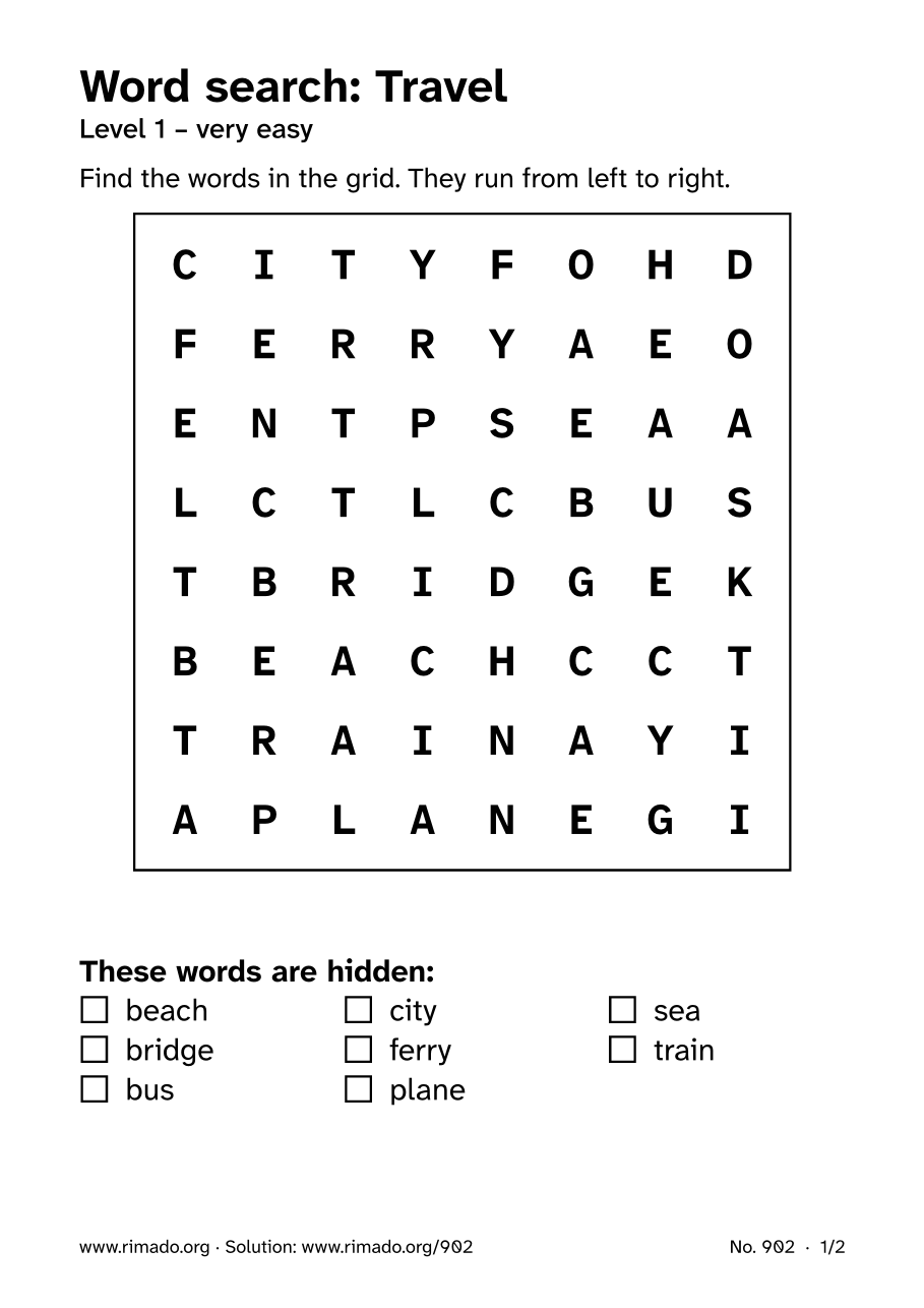 Preview of the printed page: Word search “Travel”, no. 902