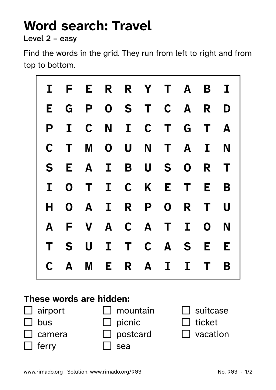 Preview of the printed page: Word search “Travel”, no. 903