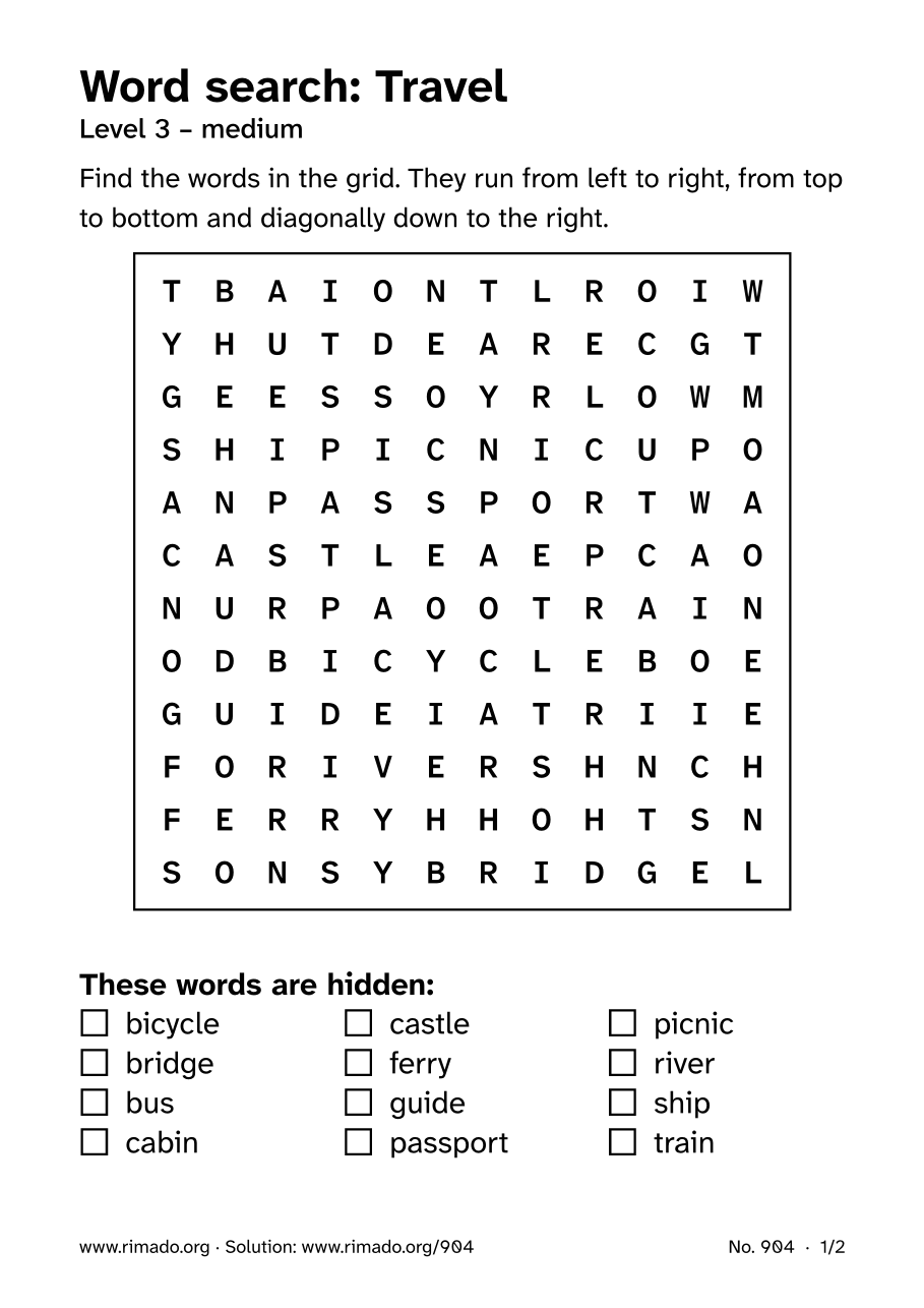 Preview of the printed page: Word search “Travel”, no. 904