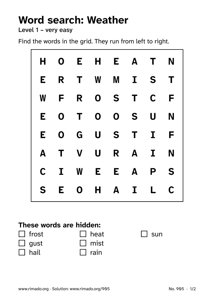 Preview of the printed page: Word search “Weather”, no. 905