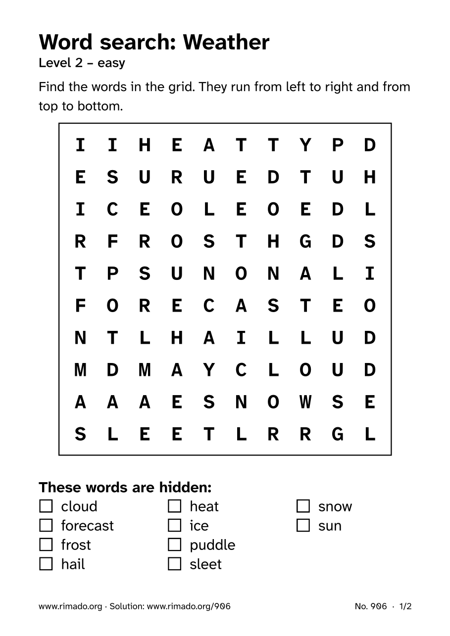 Preview of the printed page: Word search “Weather”, no. 906